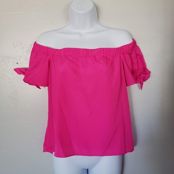 Amanda U. NWT Small Hot Pink Off the Shoulder Short Sleeve Blouse Bow Tie Accent - Picture 1 of 7